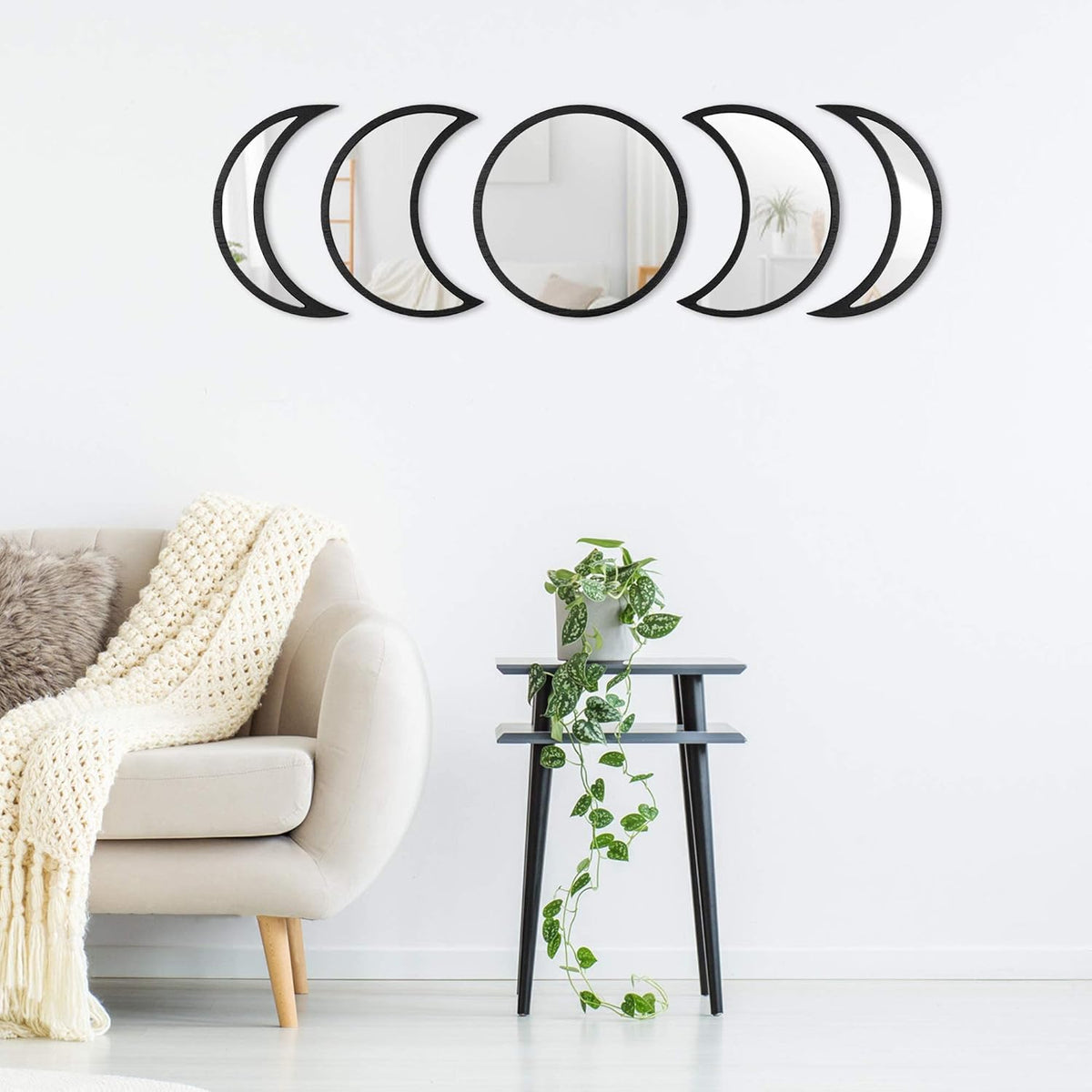 Scandinavian Moon Phase Mirror Set Glass Wood Frame Rustic White P6993