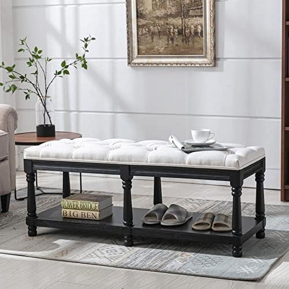 Grey Linen Tufted Bench with Shelf K13754