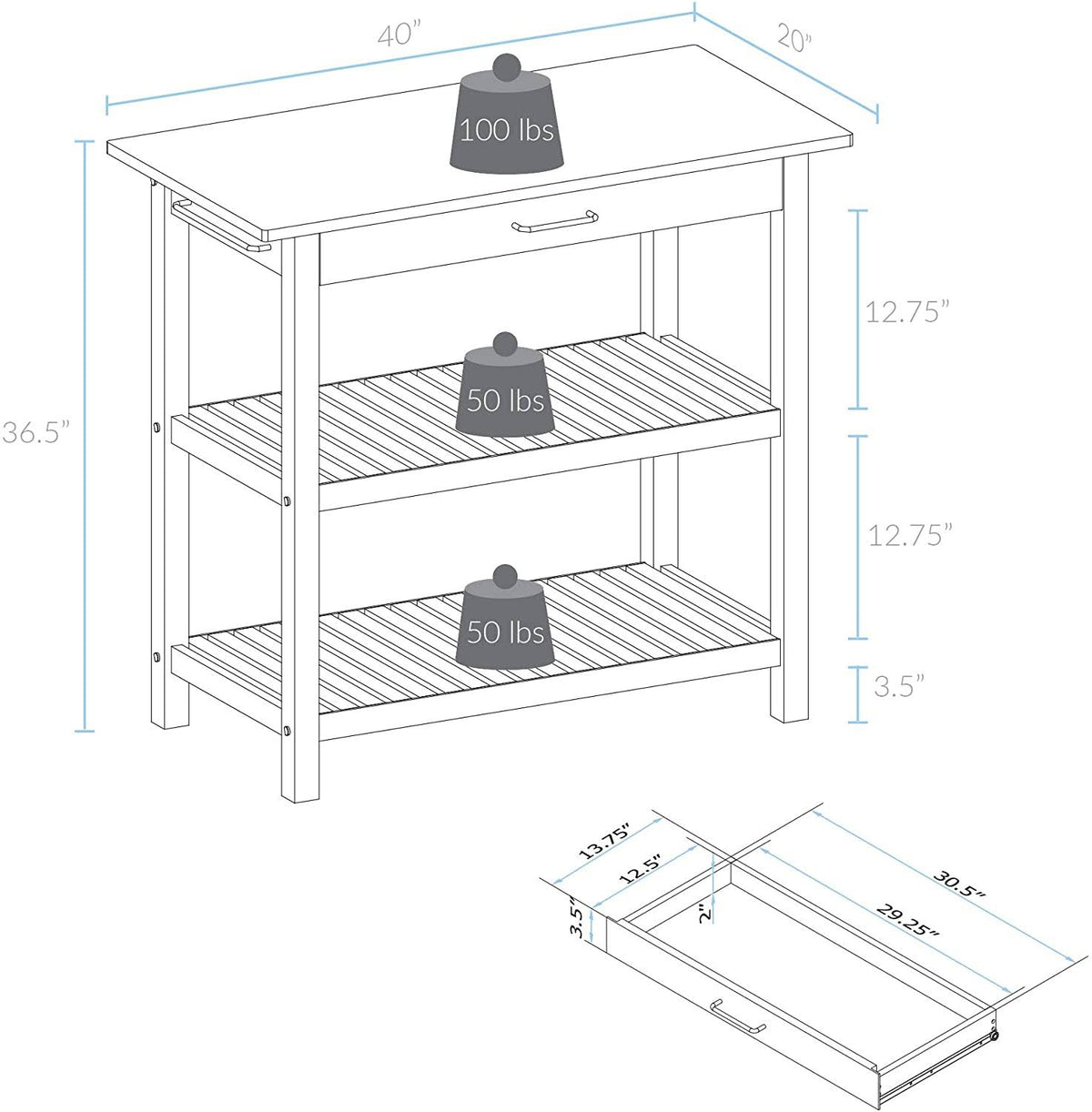 Natural/White Kitchen Island with Solid American Hardwood Top J8169