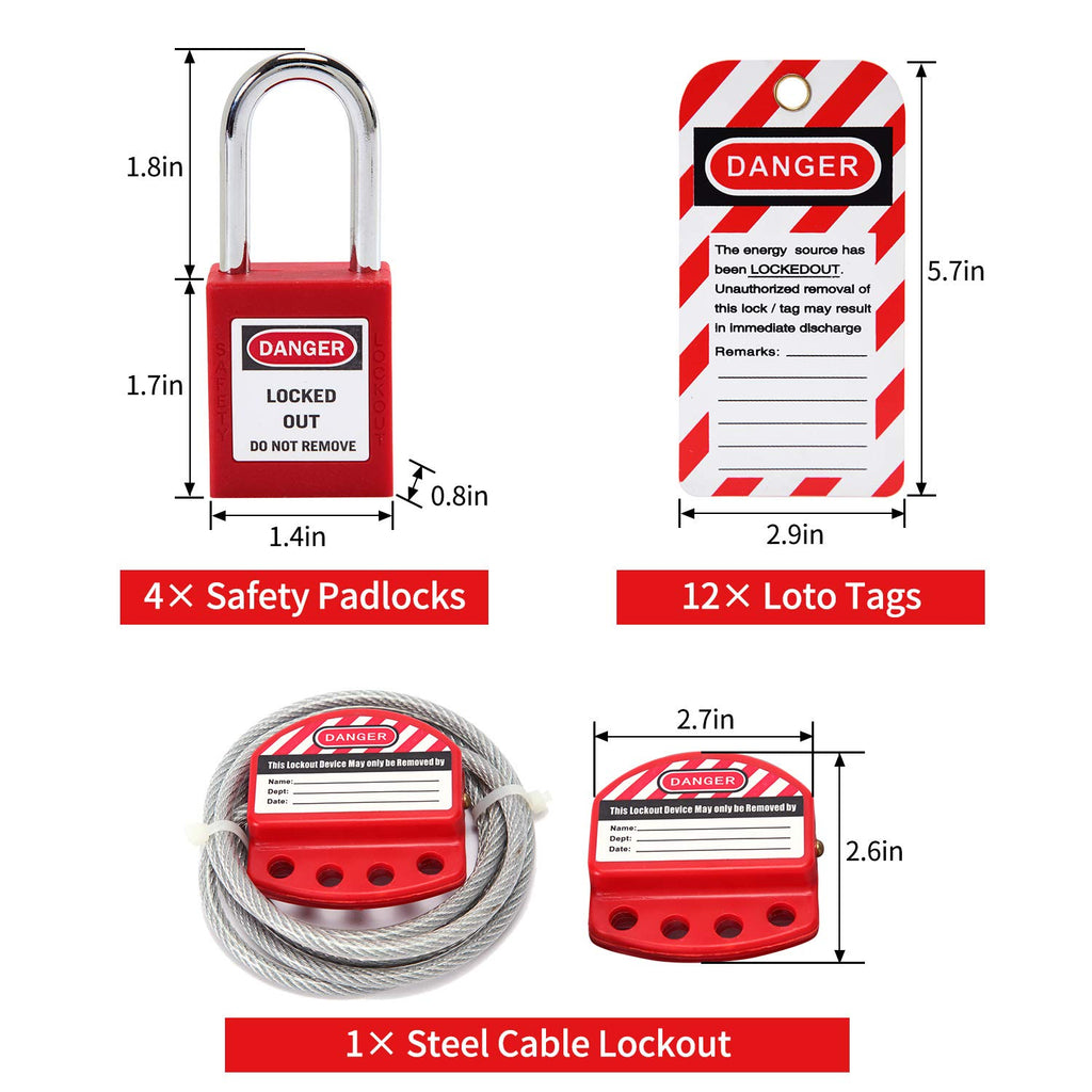 Lockout Tagout Kit with Padlocks, Hasp, Breaker Lockout, Ball Valve Lockout, Steel Cable Lockout, Plug, Tags S3668