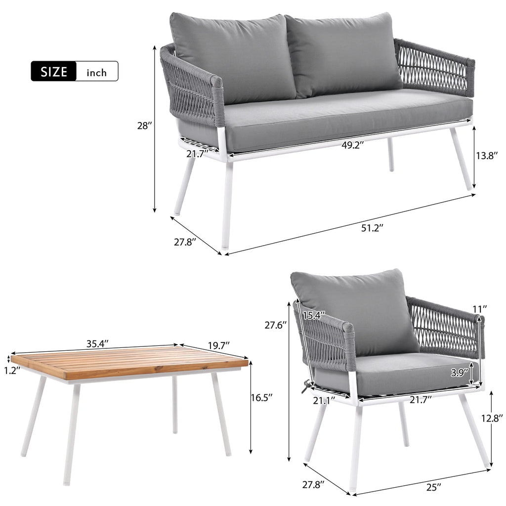 4-Piece Grey Outdoor Patio Furniture Set with Acacia Wood Coffee Table D474
