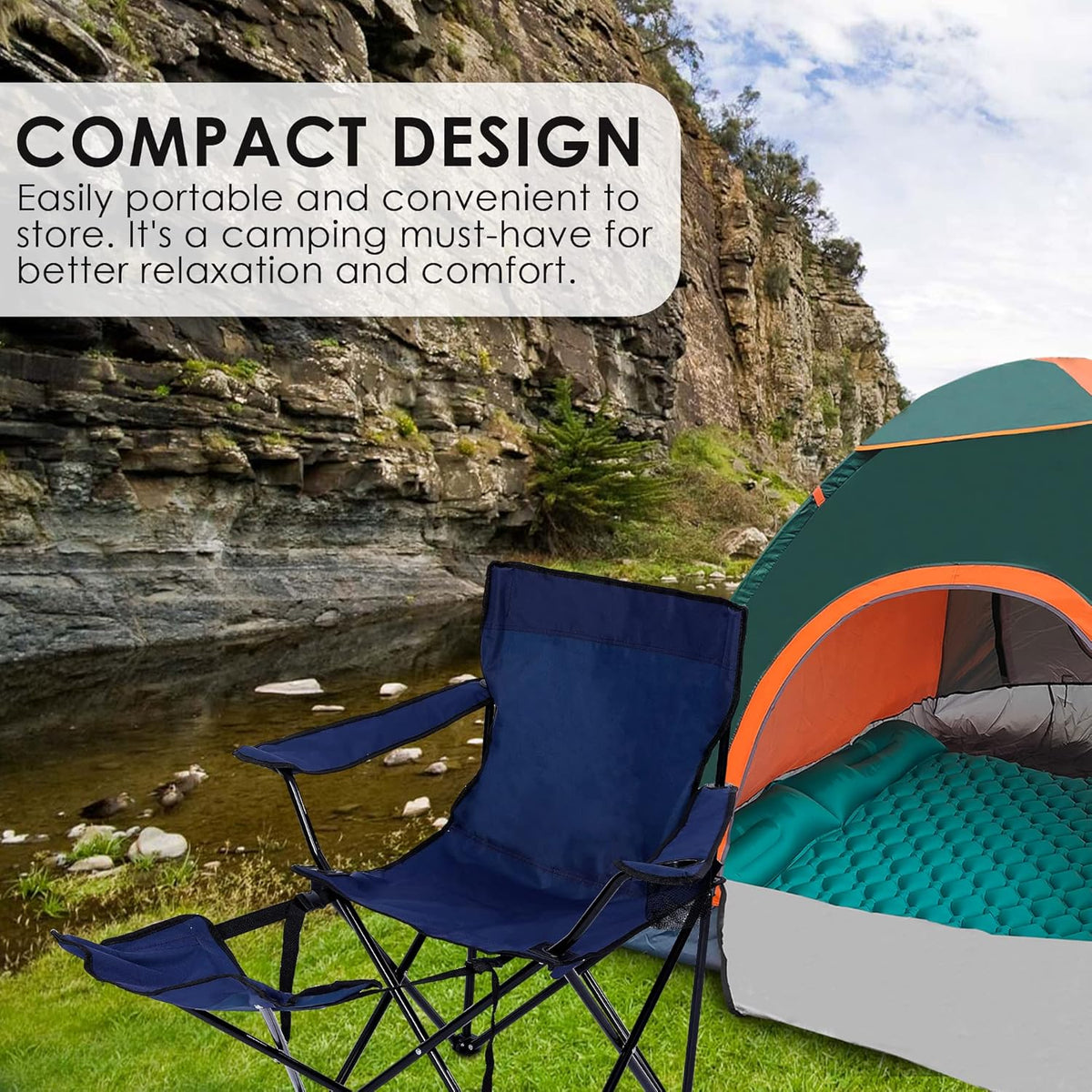 Portable Camping Chair with Footrest Mesh Folding Reclining Chair Steel Frame Padded Arm Chair Z1948