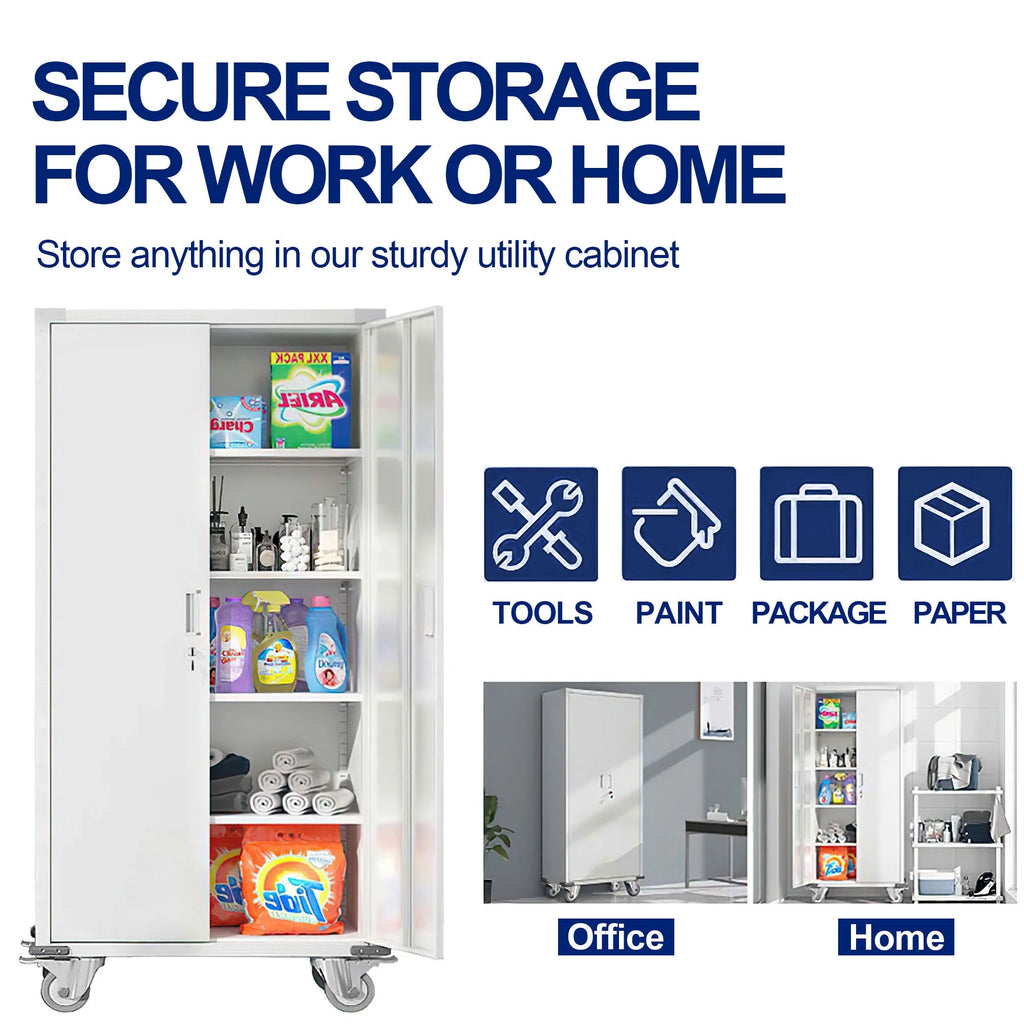 72” Locking Metal Garage Storage Cabinet with Wheels & Pegboards, White M566