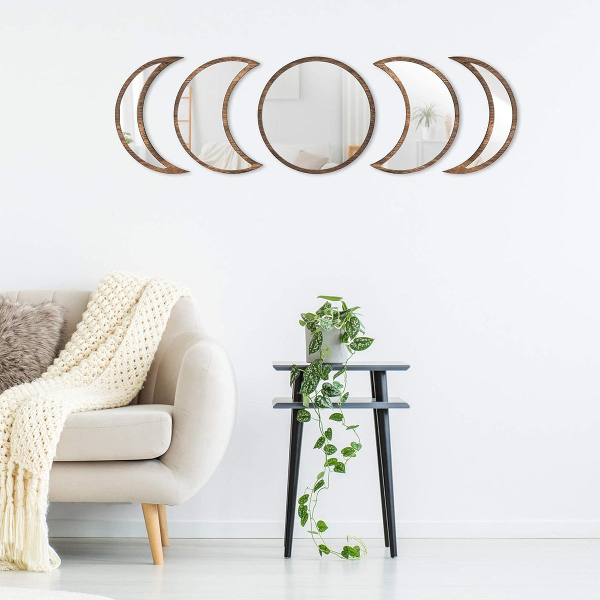 Scandinavian Moon Phase Mirror Set Glass Wood Frame Rustic White P6993