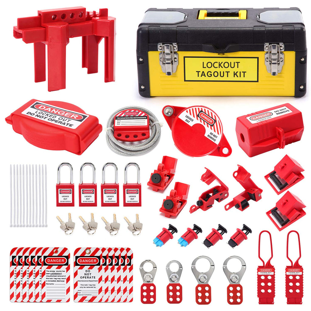 Lockout Tagout Kit with Padlocks, Hasp, Breaker Lockout, Ball Valve Lockout, Steel Cable Lockout, Plug, Tags S3668