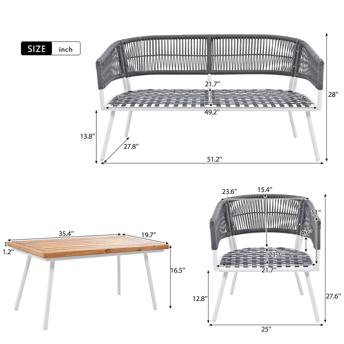 4-Piece Grey Outdoor Patio Furniture Set with Acacia Wood Coffee Table D474