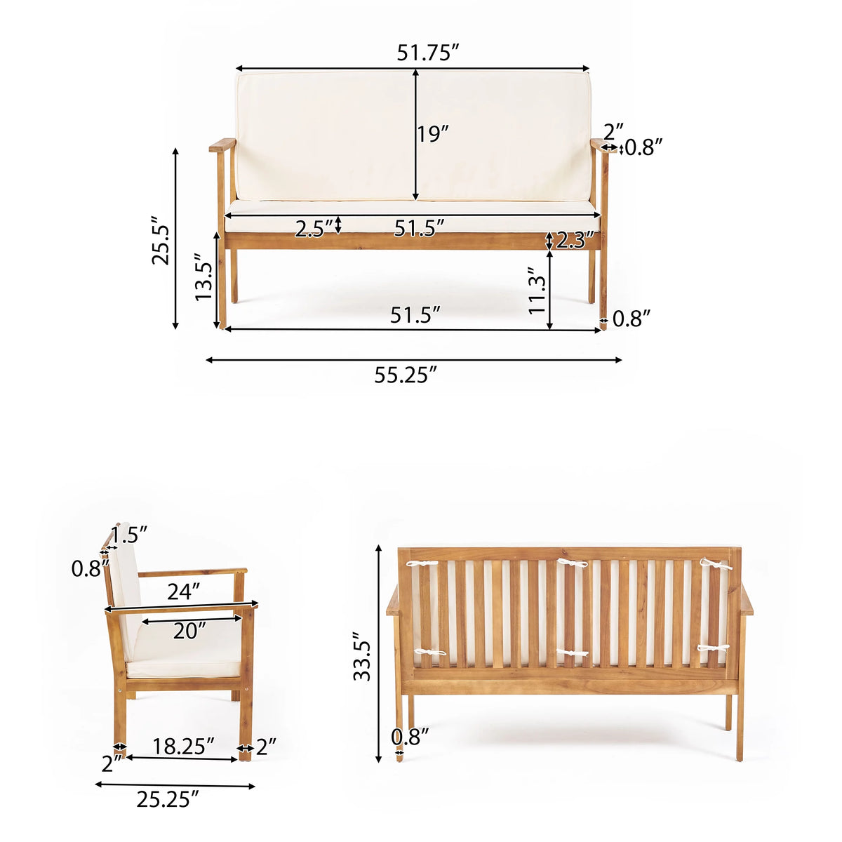 Acacia Wood Outdoor Bench with Cushion Z817