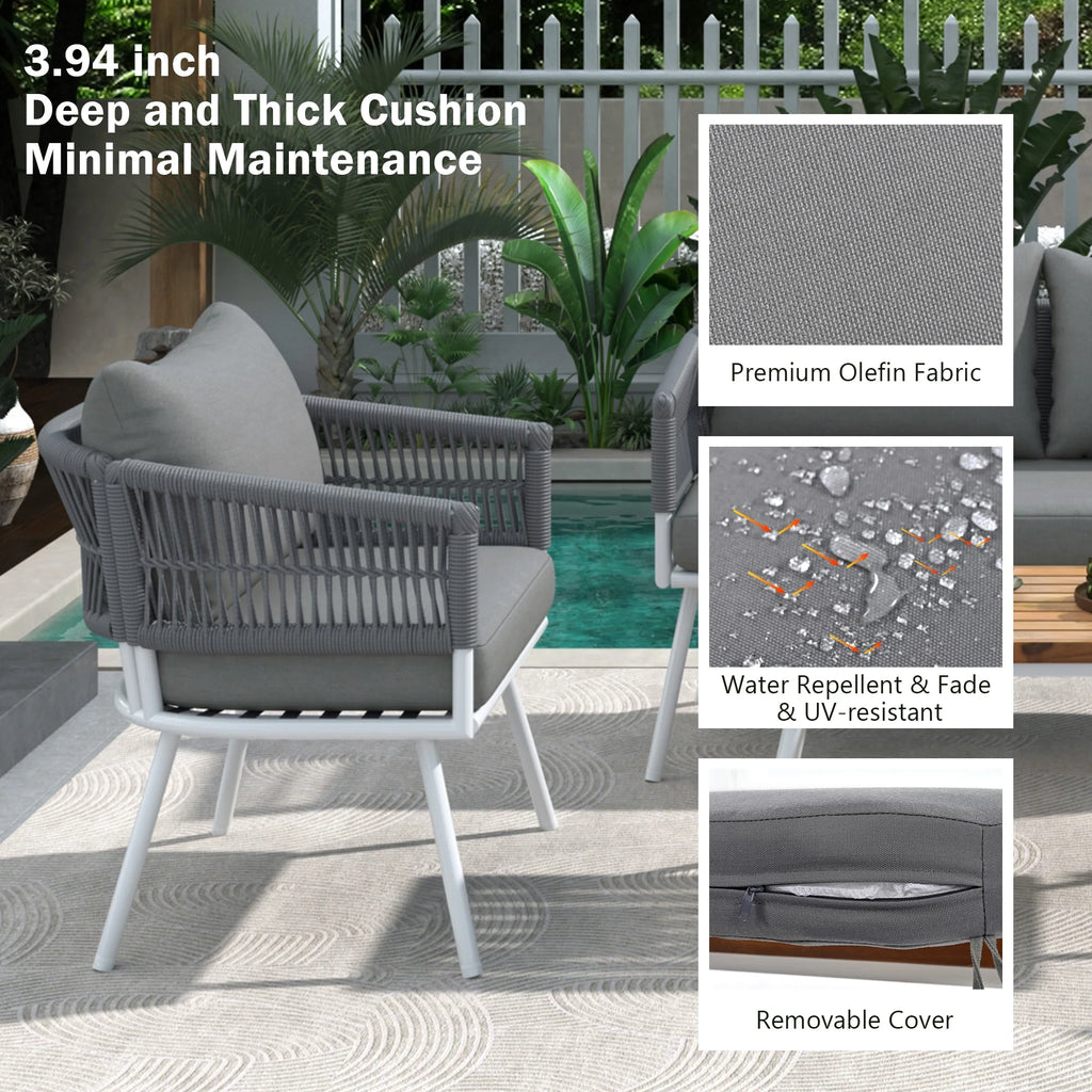 4-Piece Grey Outdoor Patio Furniture Set with Acacia Wood Coffee Table D474