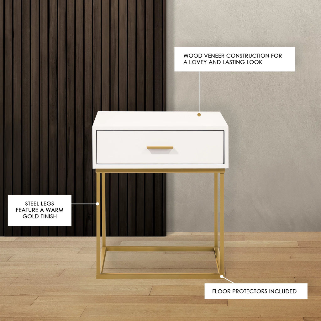 White 1-Drawer Nightstand with Gold Metal Legs Q68097