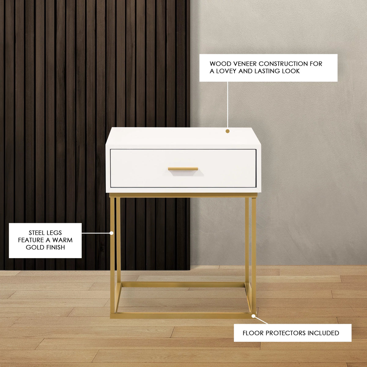 White 1-Drawer Nightstand with Gold Metal Legs Q68097