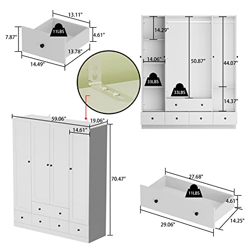 White 5 Drawer Wardrobe Armoire with Shelves and Hanging Rod Z509