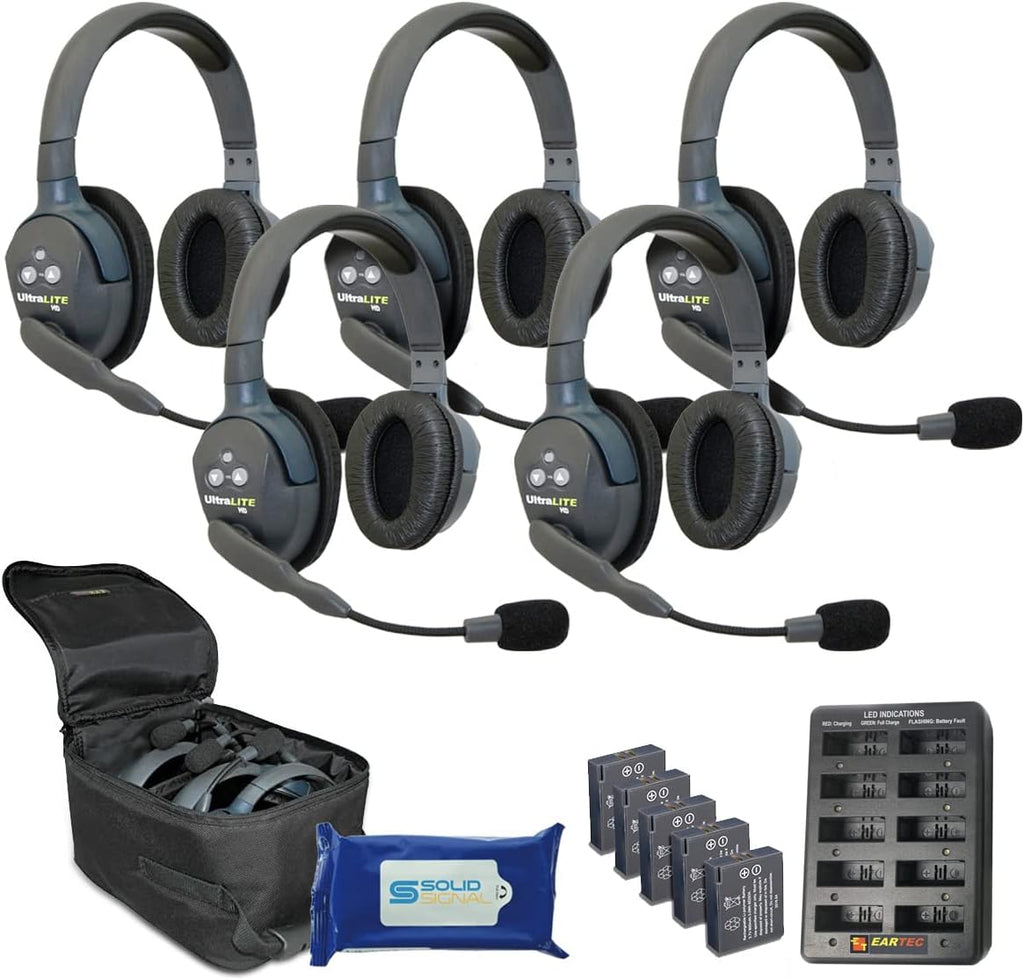 UL5S Ultralite Full Duplex Wireless Headset Communication for 5 Users - 5 Single Ear Headsets with Solid Signal Cleaning Wipes Bundle P6058