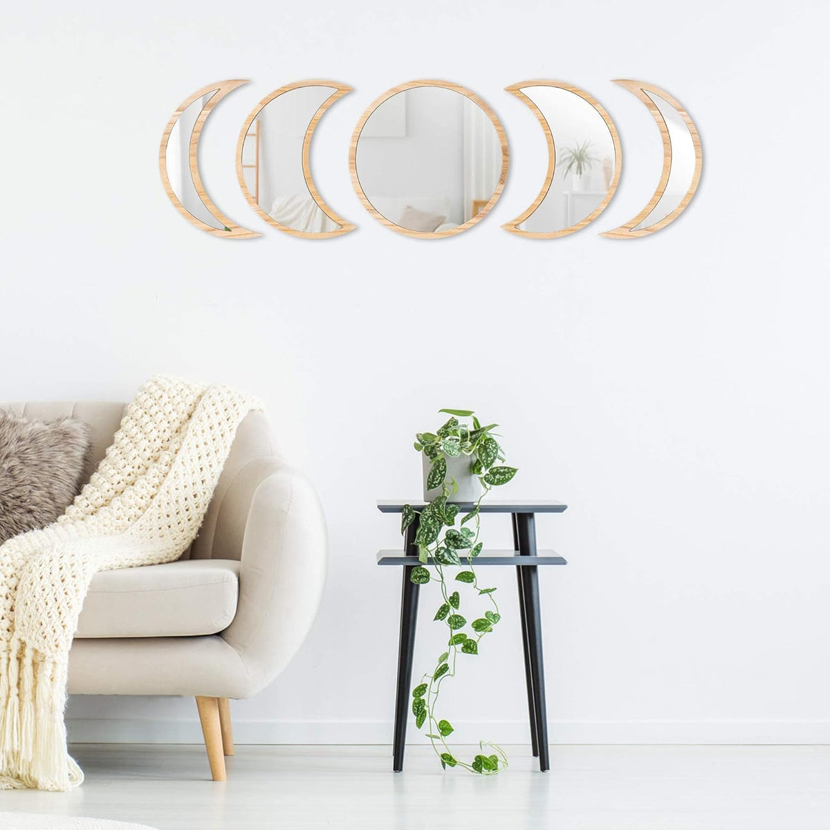 Scandinavian Moon Phase Mirror Set Glass Wood Frame Rustic White P6993
