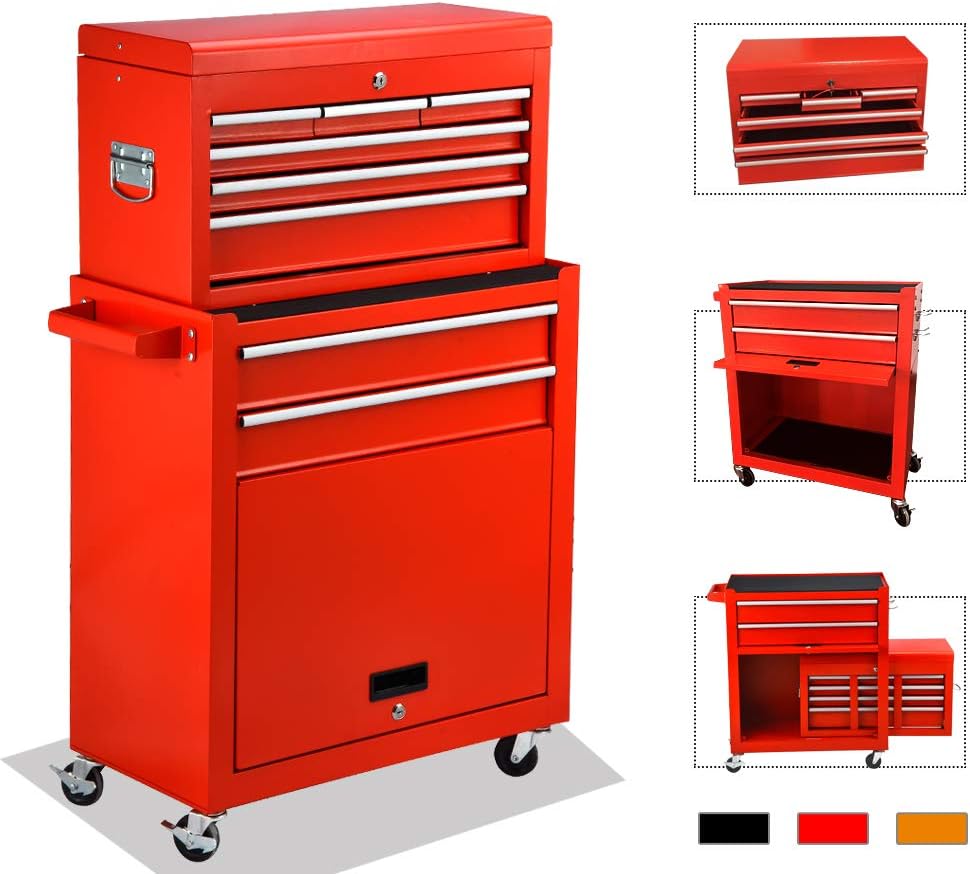 Red Rolling Tool Chest with Detachable Toolbox Organizer Cabinet H9760
