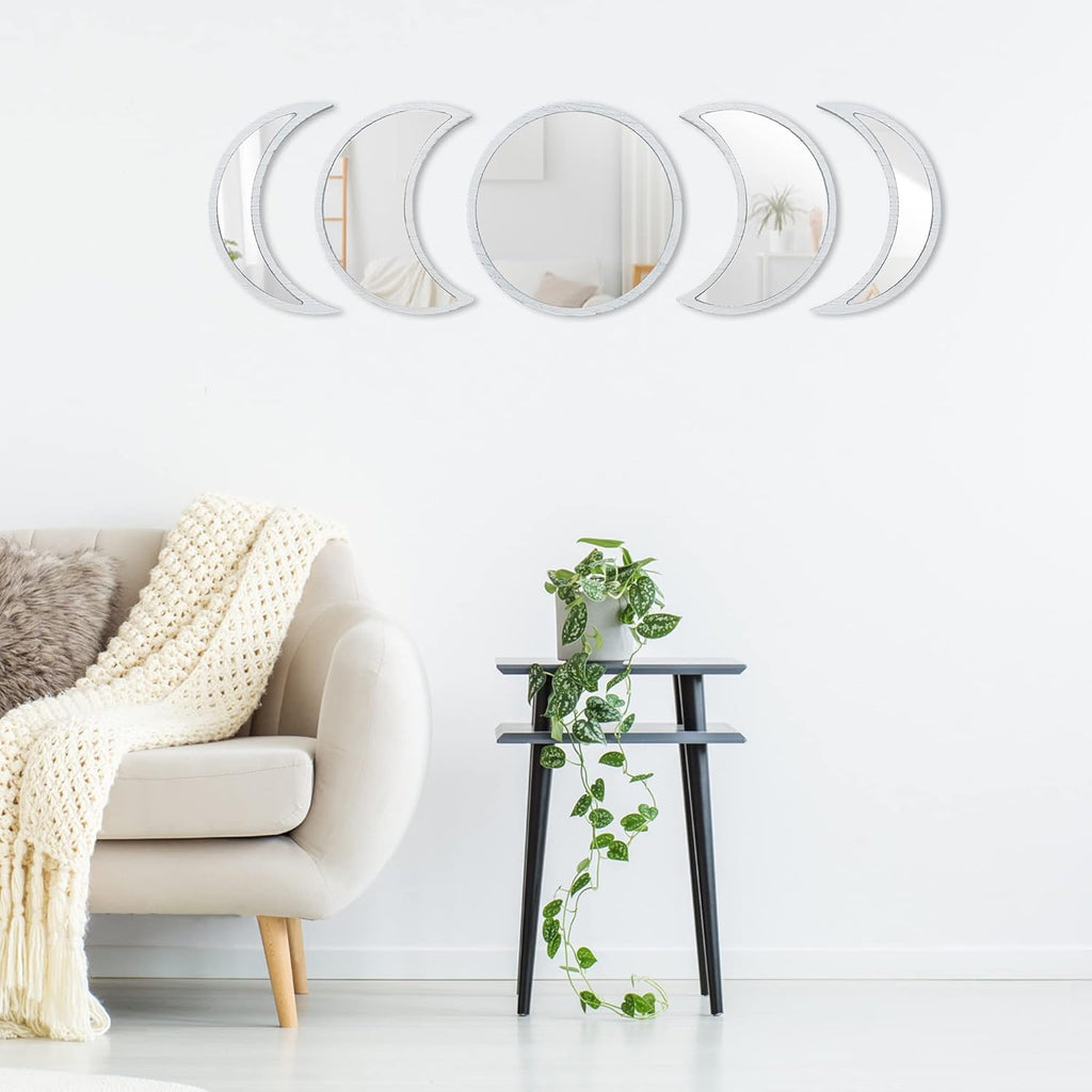 Scandinavian Moon Phase Mirror Set Glass Wood Frame Rustic White P6993