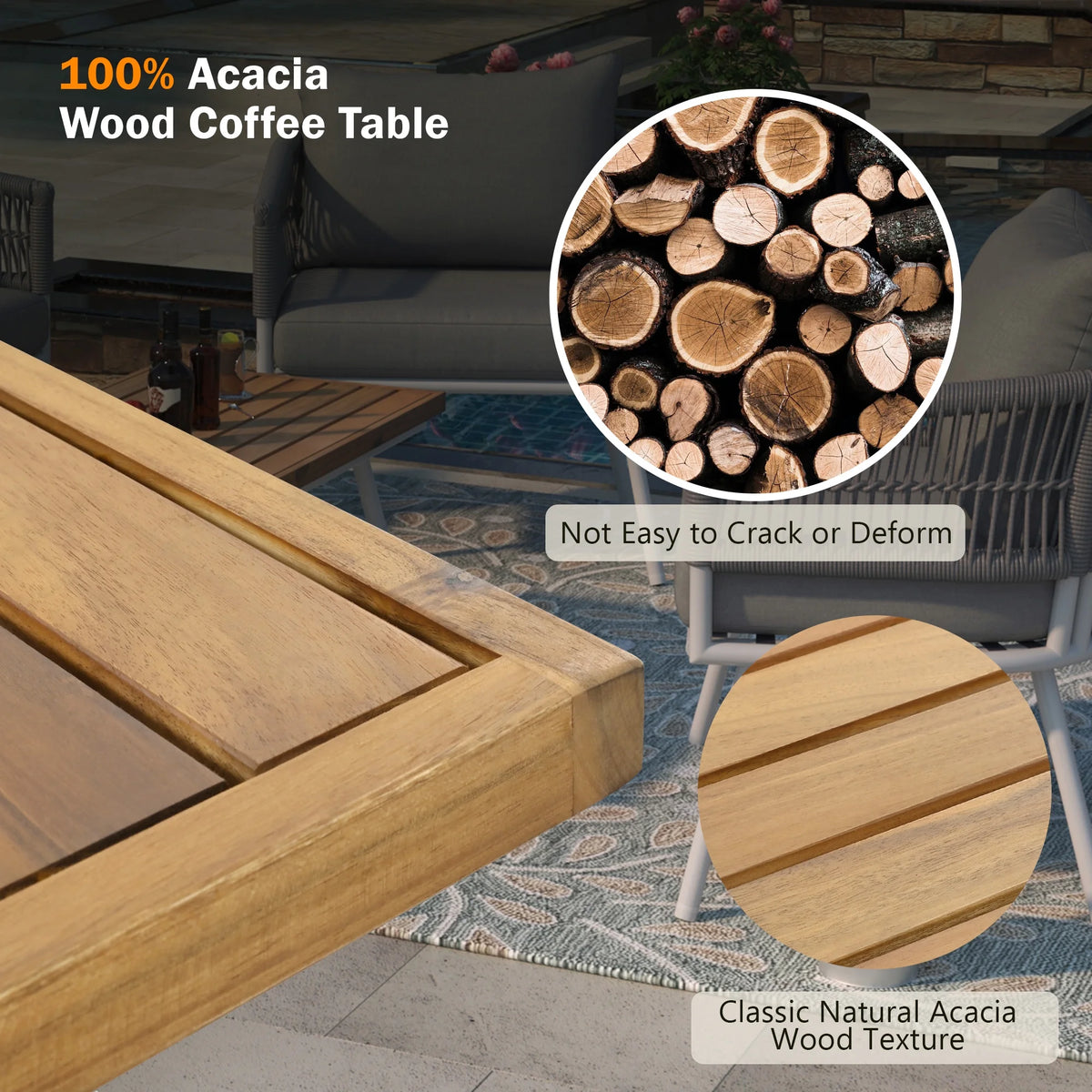 4-Piece Grey Outdoor Patio Furniture Set with Acacia Wood Coffee Table D474