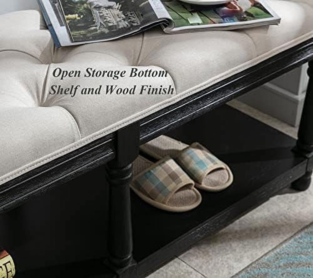 Grey Linen Tufted Bench with Shelf K13754