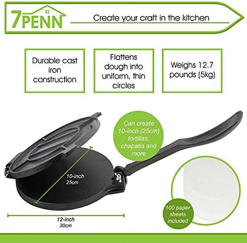 Cast Iron Tortilla Press 10In with 100 Cooking A4026