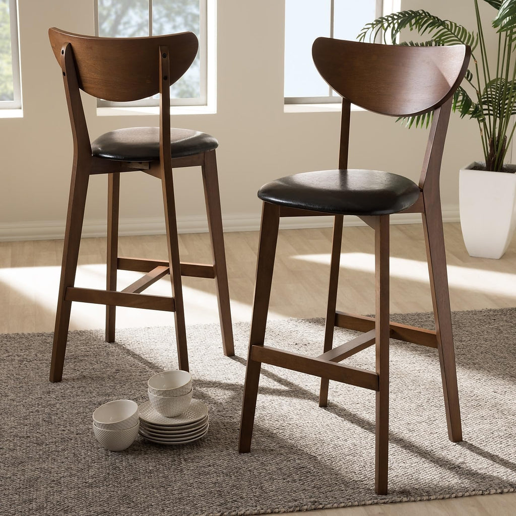 Faux Leather Stool with Back, Black and Walnut Brown, 2-Pieces/Set W538739