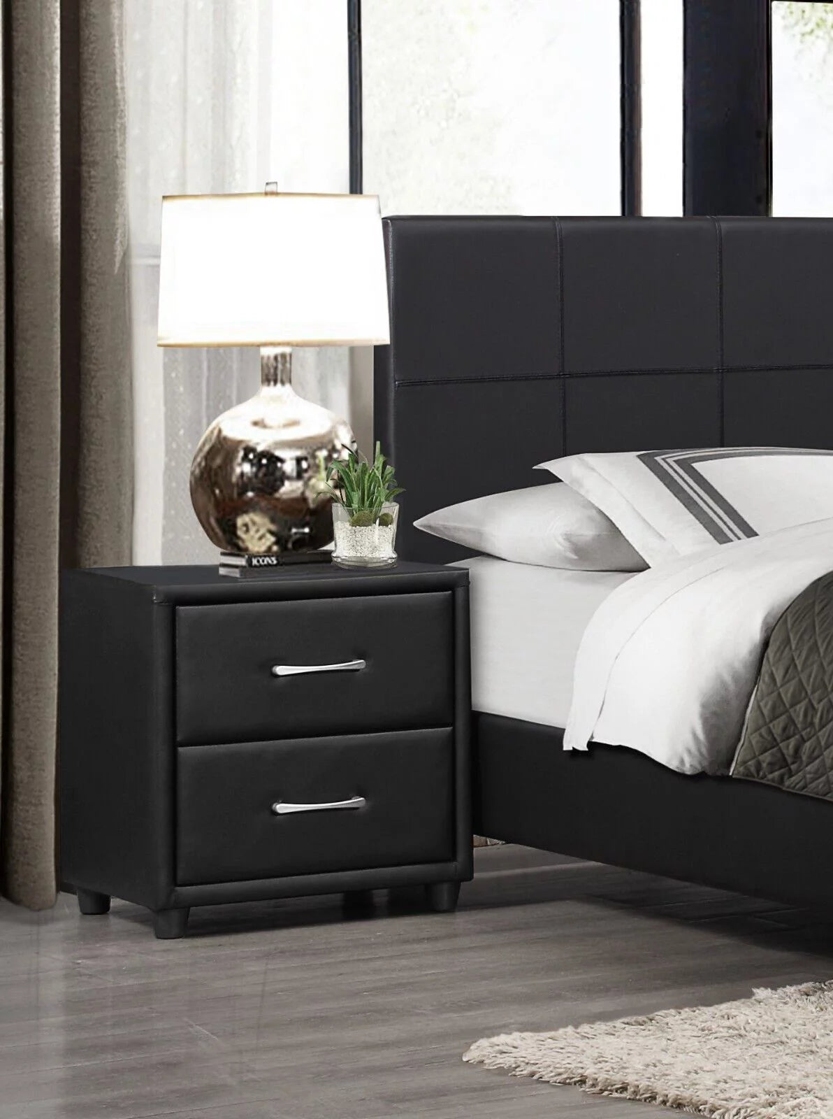 Black Faux Leather 3pc Eastern King Size Bedroom Set N133