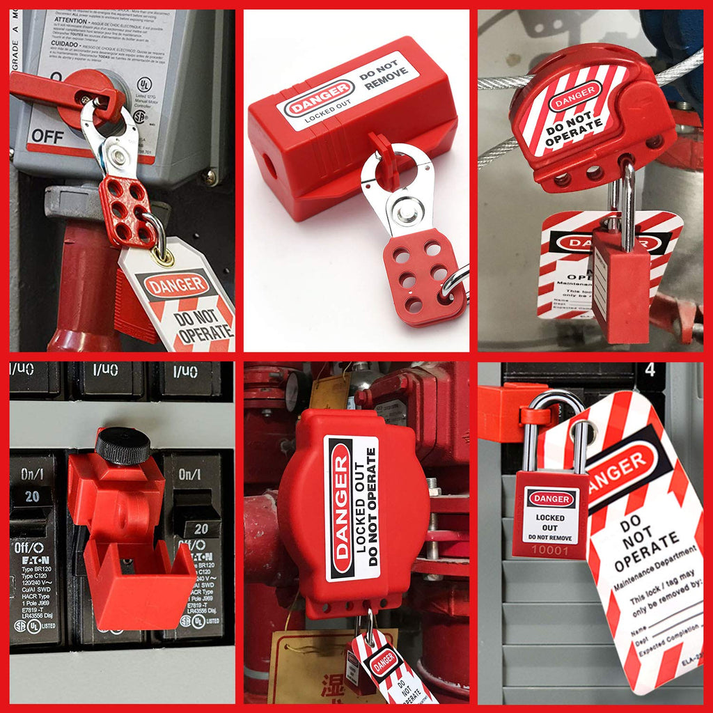 Lockout Tagout Kit with Padlocks, Hasp, Breaker Lockout, Ball Valve Lockout, Steel Cable Lockout, Plug, Tags S3668