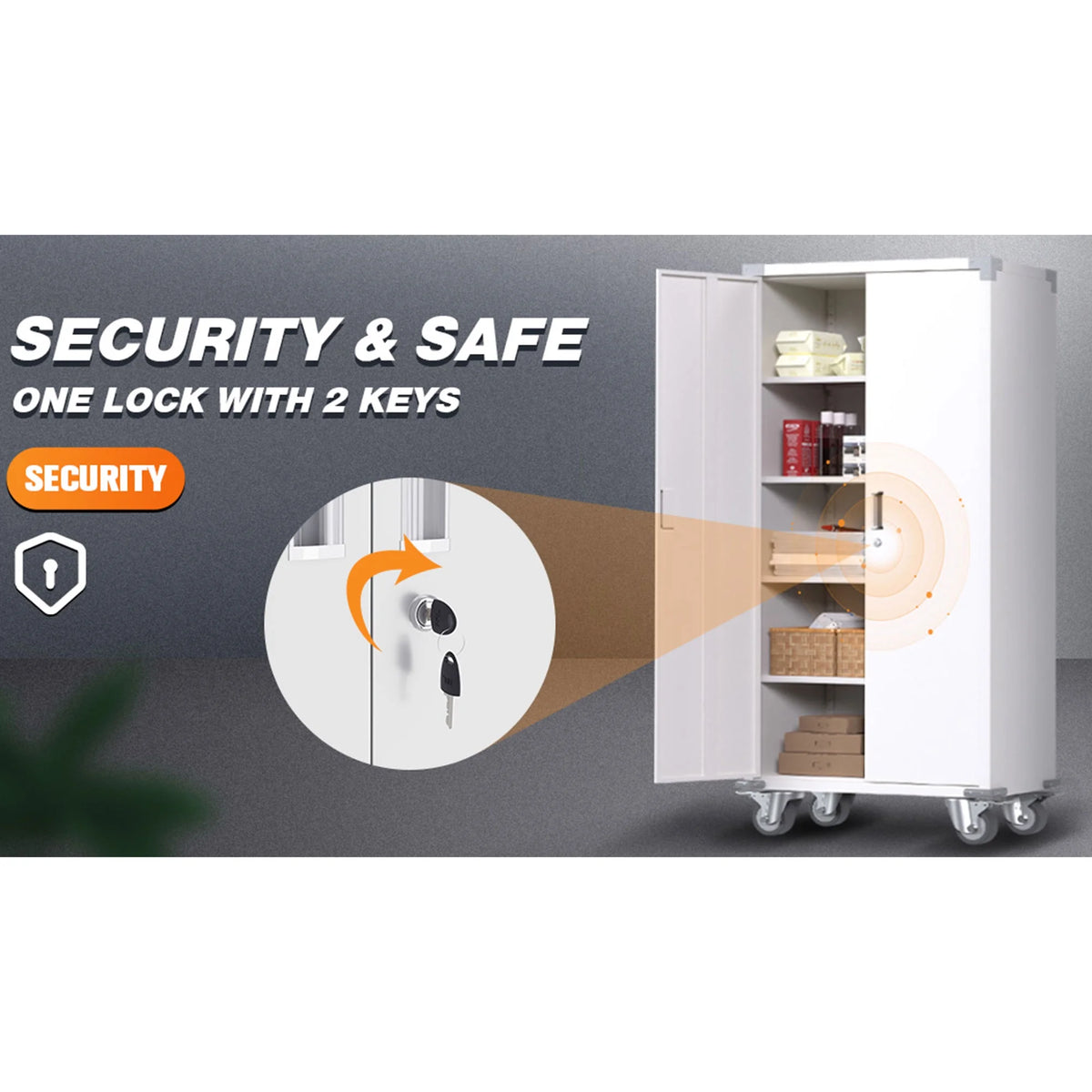 72” Locking Metal Garage Storage Cabinet with Wheels & Pegboards, White M566