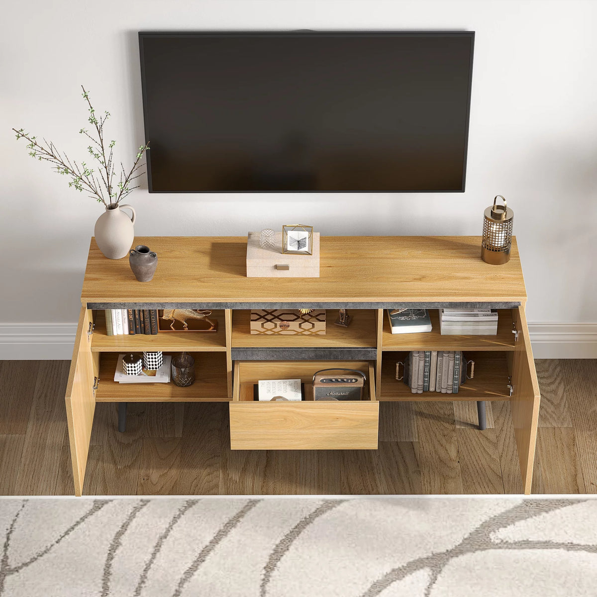 Farmhouse Wood TV Stand with LED Lights H7127
