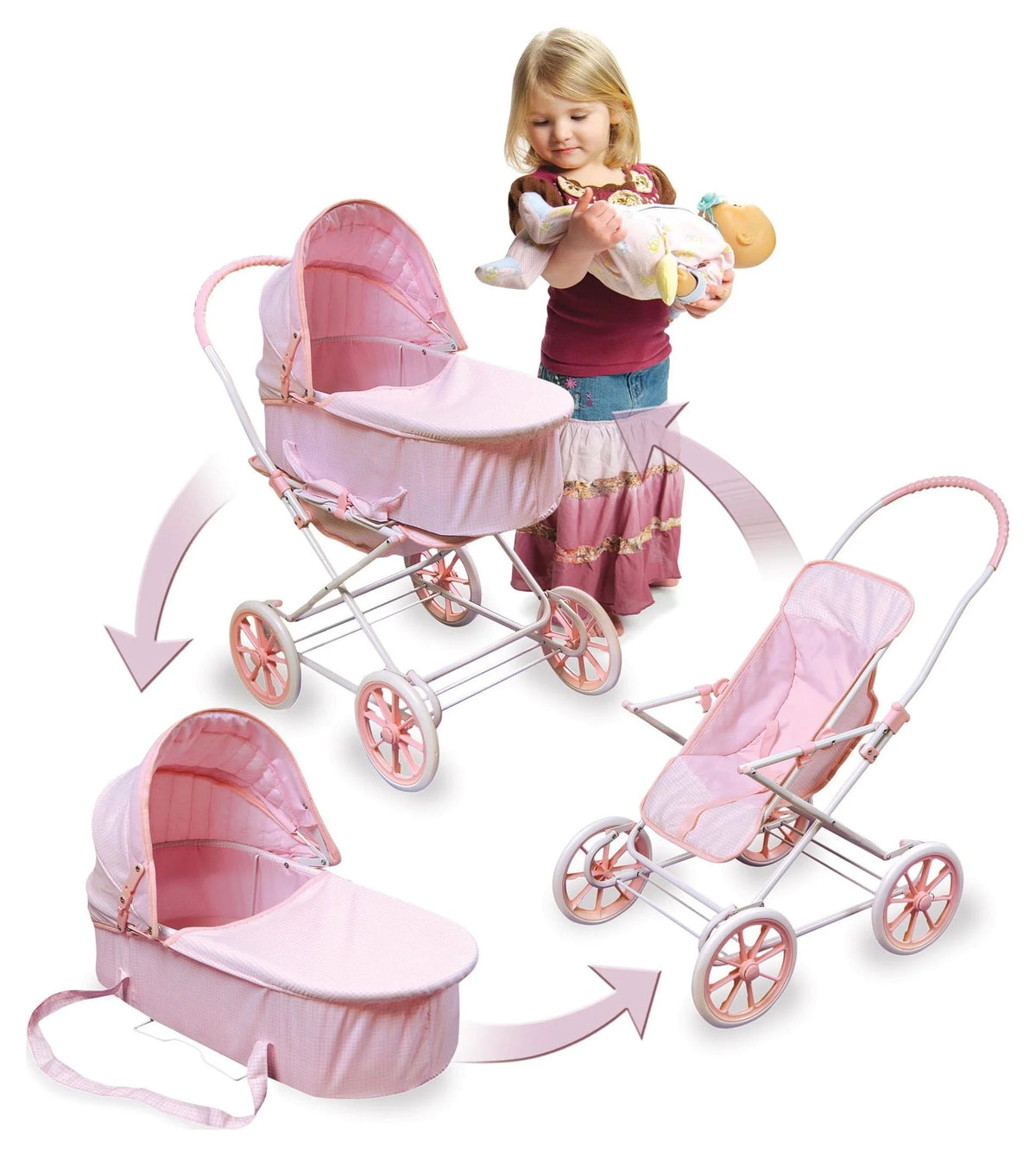 Pink Gingham Doll Pram Carrier Stroller O3535