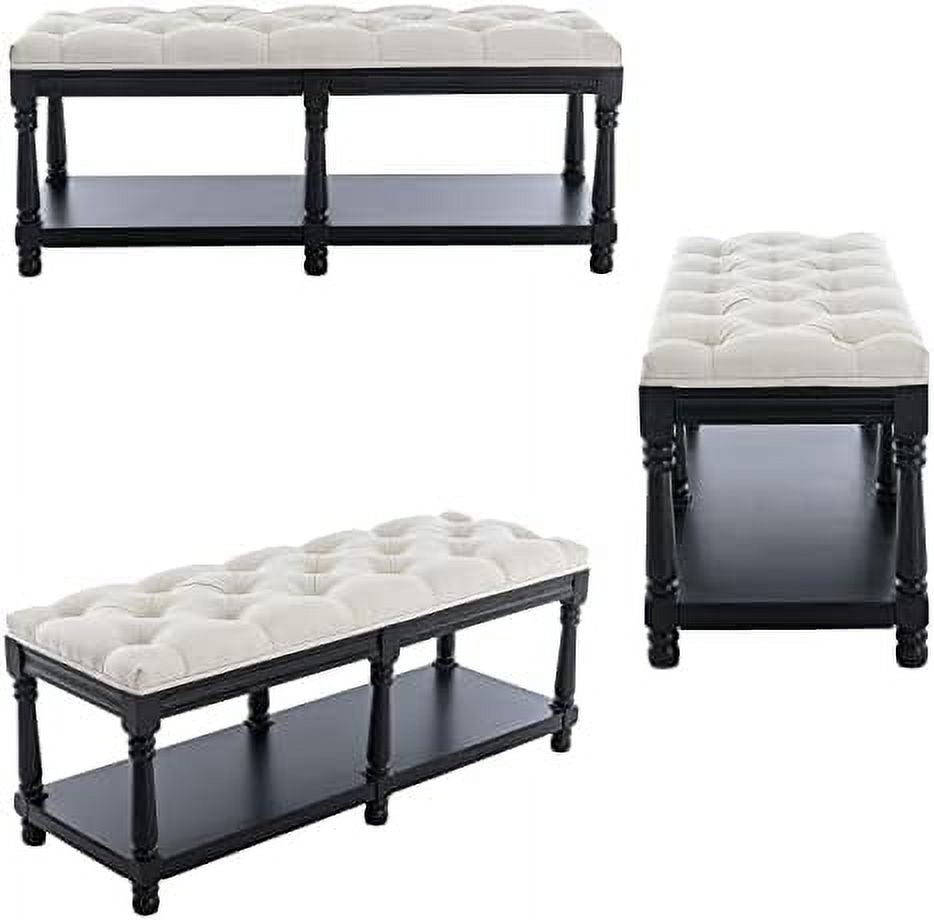 Grey Linen Tufted Bench with Shelf K13754