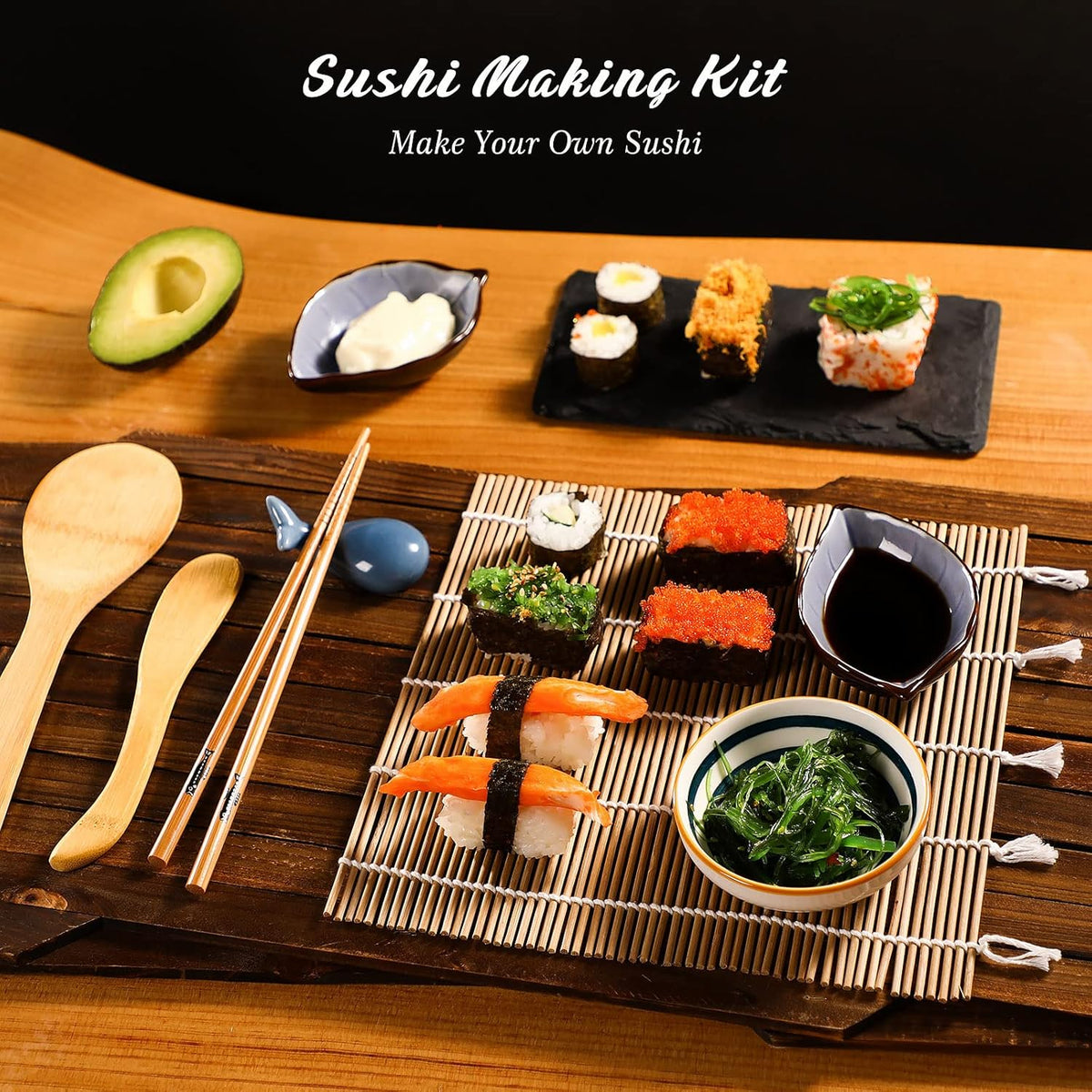 Bamboo Sushi Mat Sushi Making Kit with 2 Rolling Mats, 5 Pairs of Chopsticks, 1 Paddle, 1 Spreader O1738