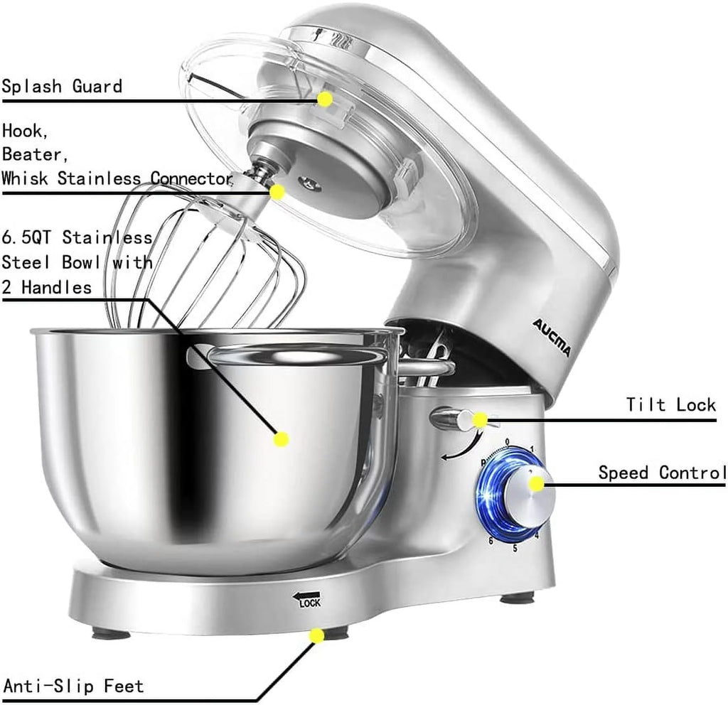 6.5-QT 660W 6-Speed Tilt-Head Stand Mixer with Dough Hook Wire Whip Beater Blue S807211