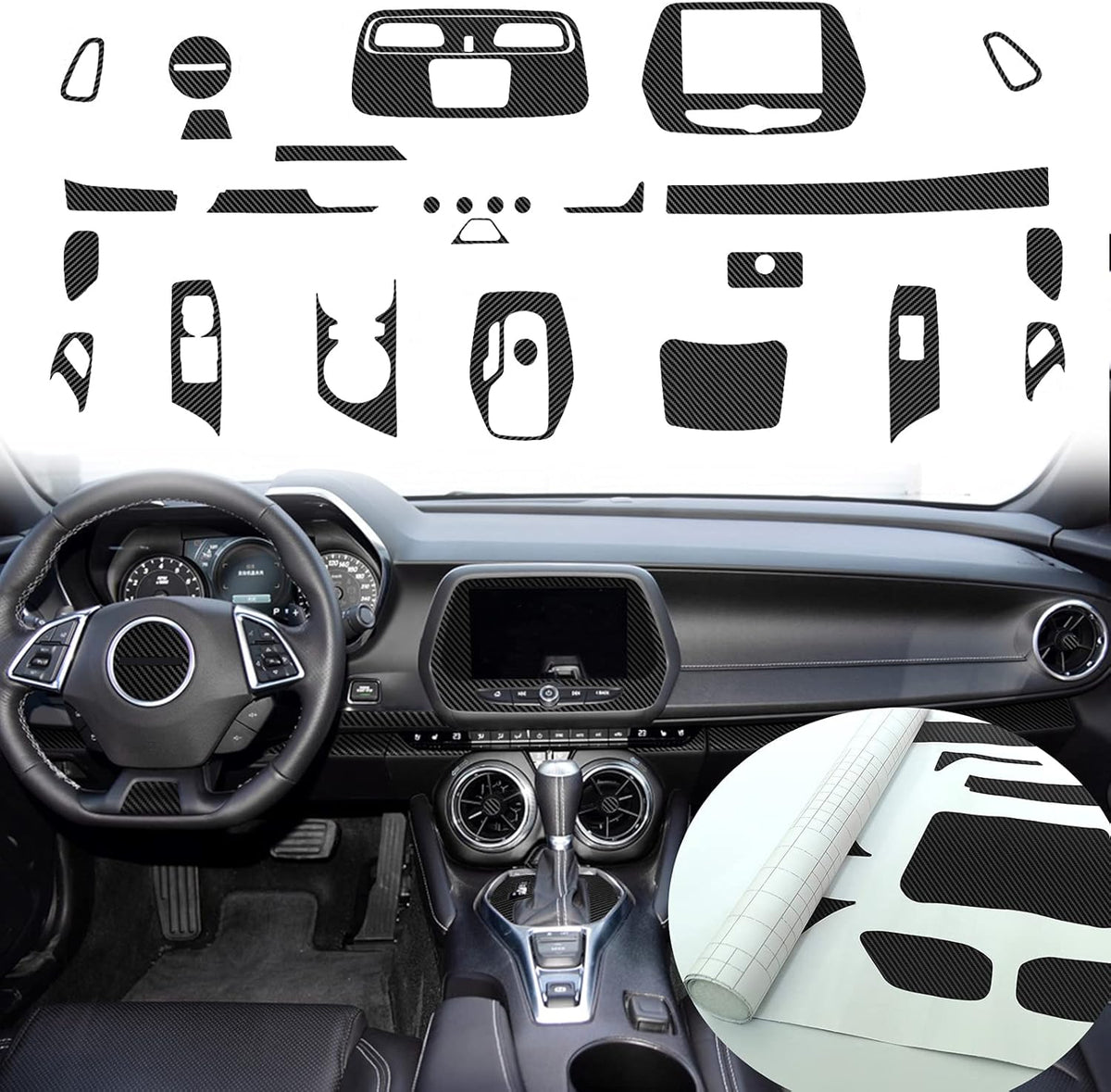 Carbon Fiber Texture Vinyl Wrap Center Console Dashboard Cover for Chevrolet Camaro 28PCS Black X4211