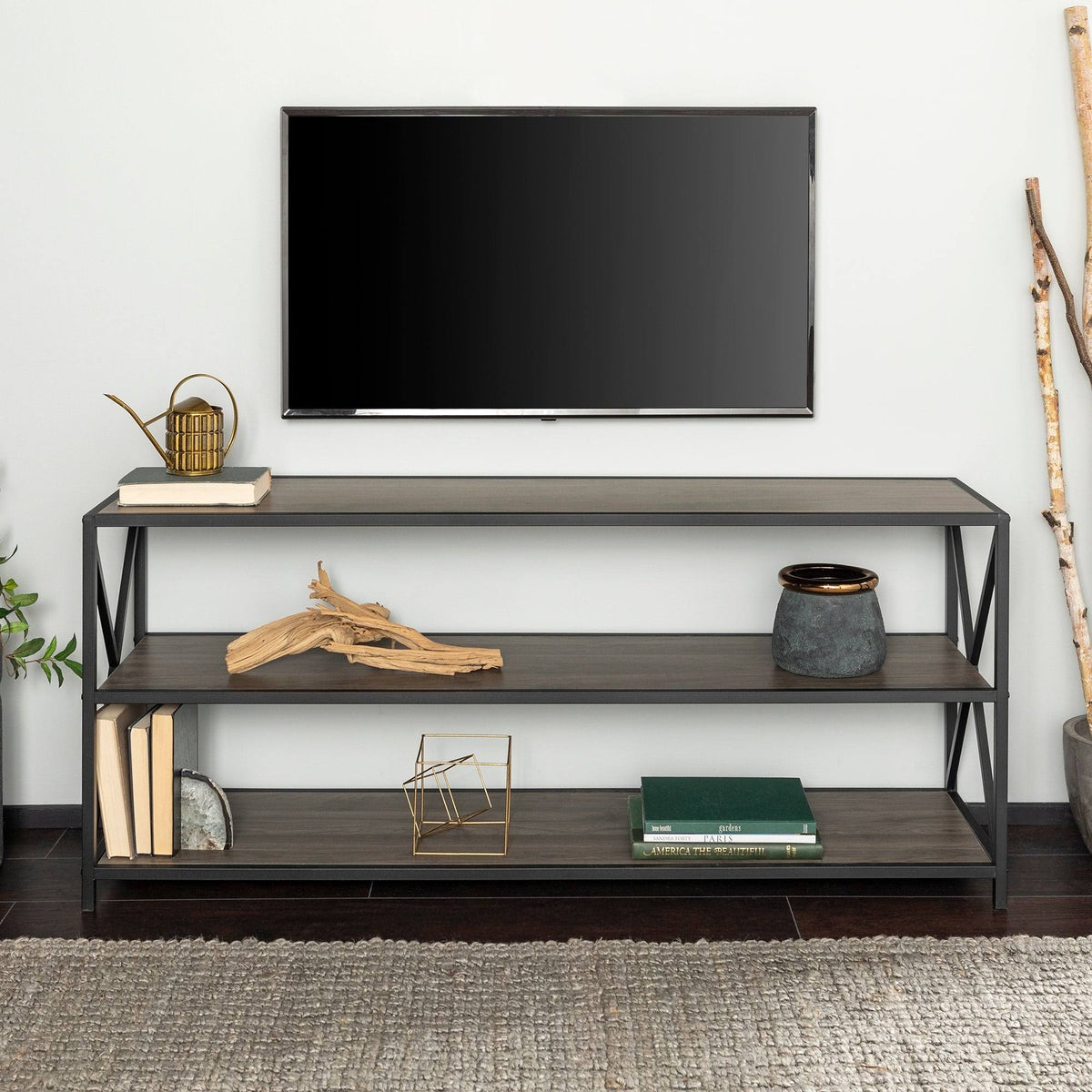 Dark Walnut / Black Metal X-Frame Bookshelf H810