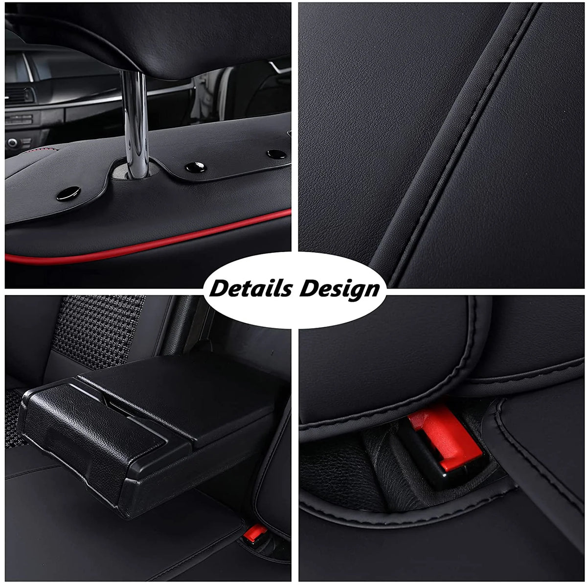 Black and Red Trim Faux Leather 5 Seats Car Seat Covers Full Set Z313572