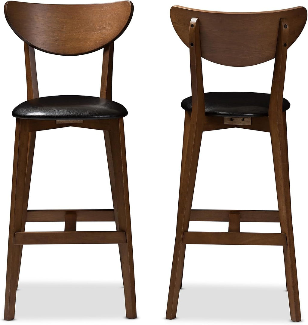 Faux Leather Stool with Back, Black and Walnut Brown, 2-Pieces/Set W538739