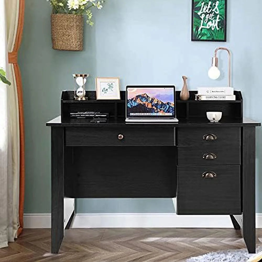 Brown Wooden Computer Desk with 4 Drawers and Bookshelf B260