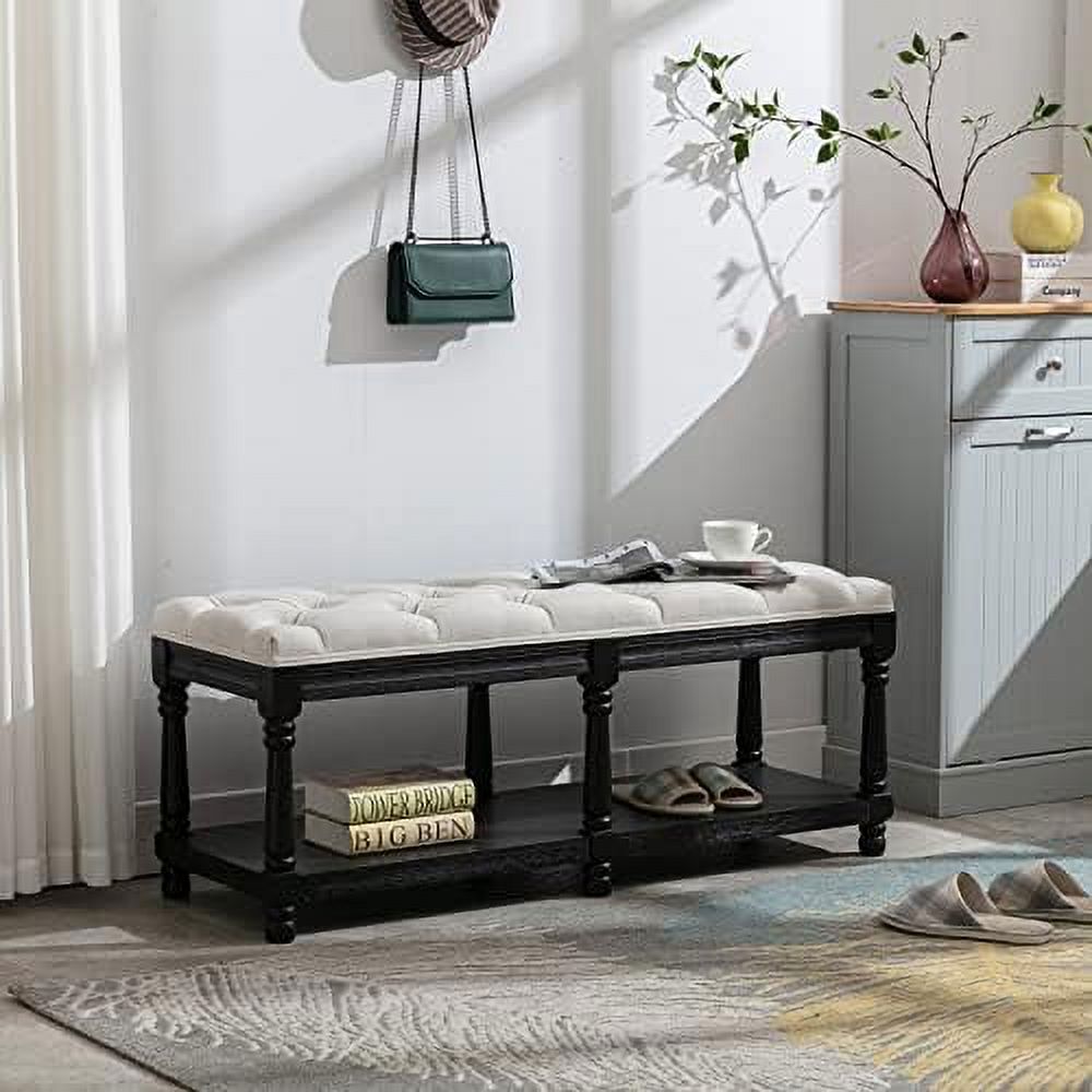 Grey Linen Tufted Bench with Shelf K13754