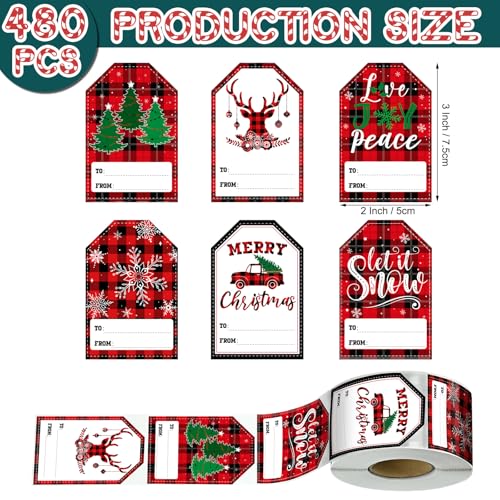 480 Pcs Self Adhesive Christmas Gift Tag Stickers Buffalo Plaid F4148