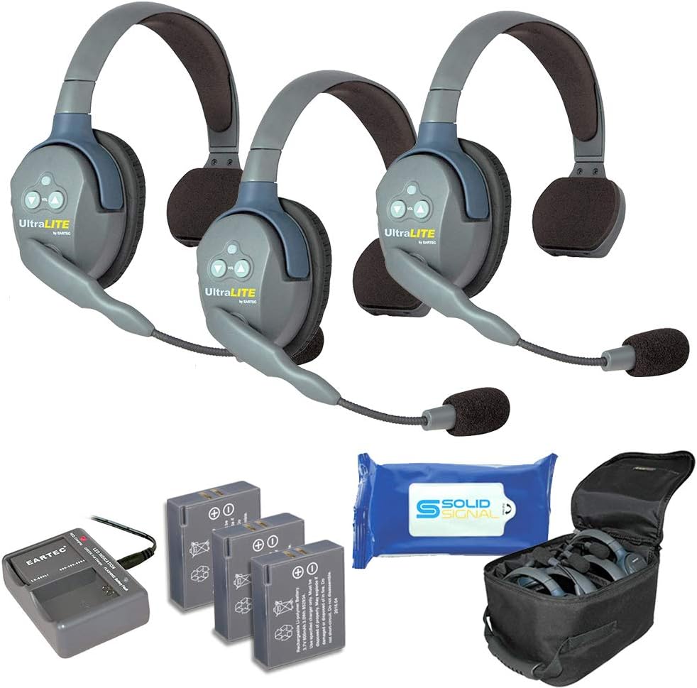 UL5S Ultralite Full Duplex Wireless Headset Communication for 5 Users - 5 Single Ear Headsets with Solid Signal Cleaning Wipes Bundle P6058