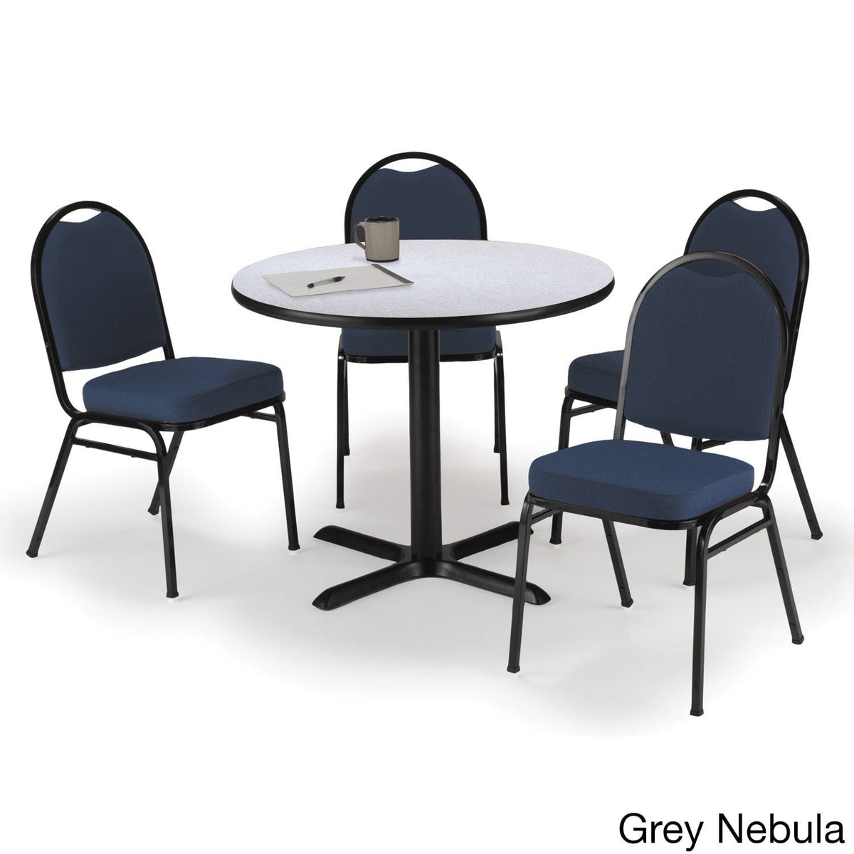 42x22 Round Grey HPL Table with 4 Blue Fabric Stack Chairs K209617