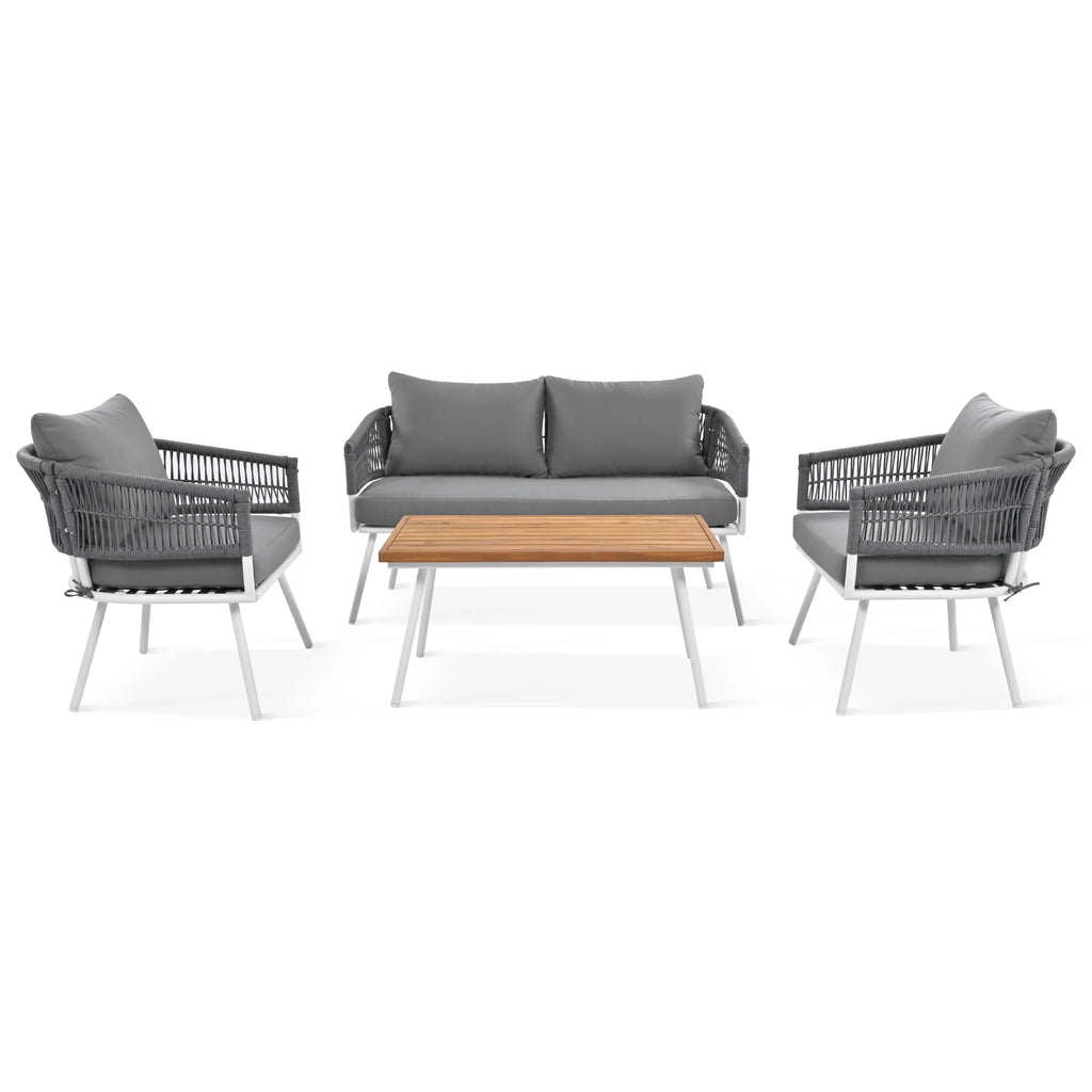 4-Piece Grey Outdoor Patio Furniture Set with Acacia Wood Coffee Table D474