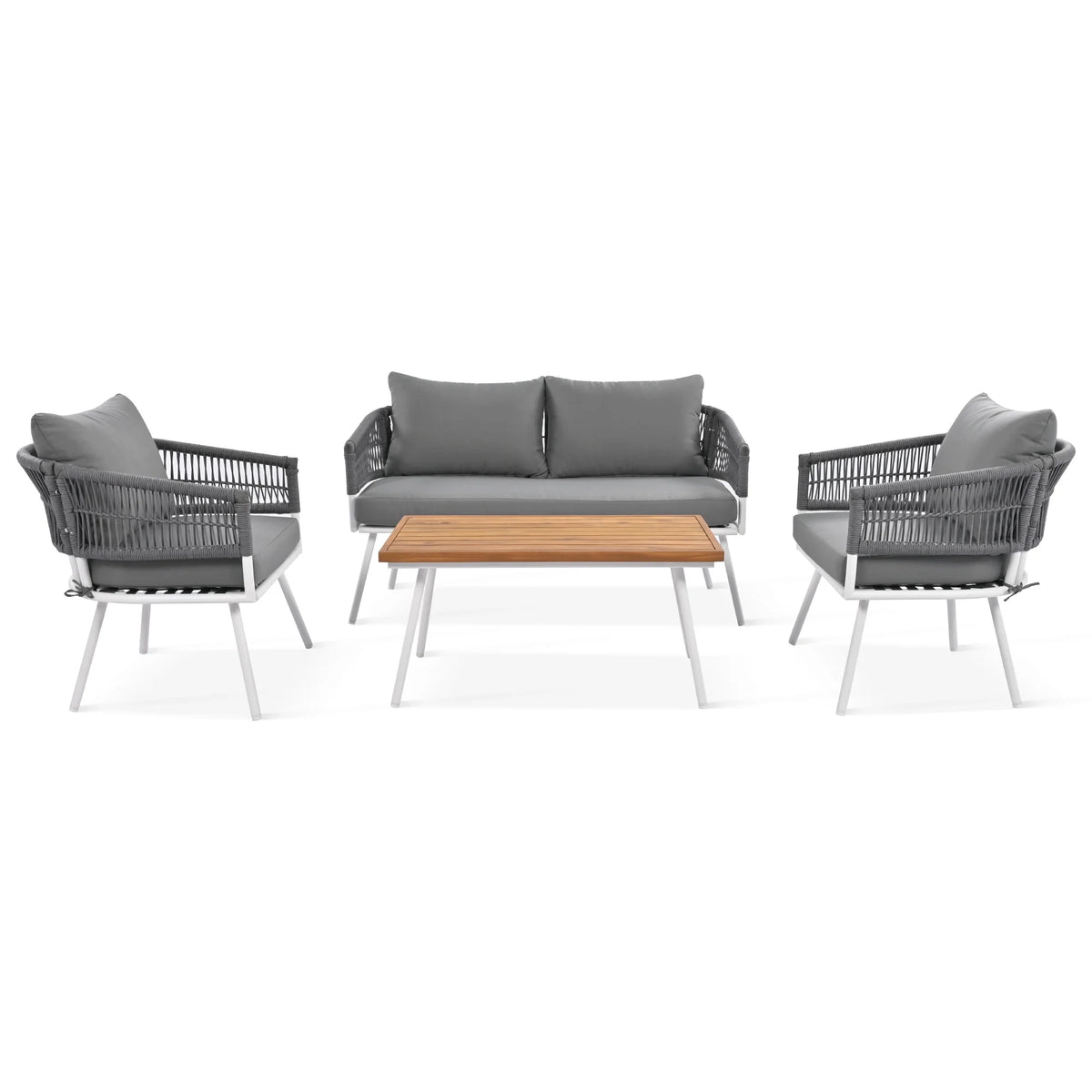 4-Piece Grey Outdoor Patio Furniture Set with Acacia Wood Coffee Table D474