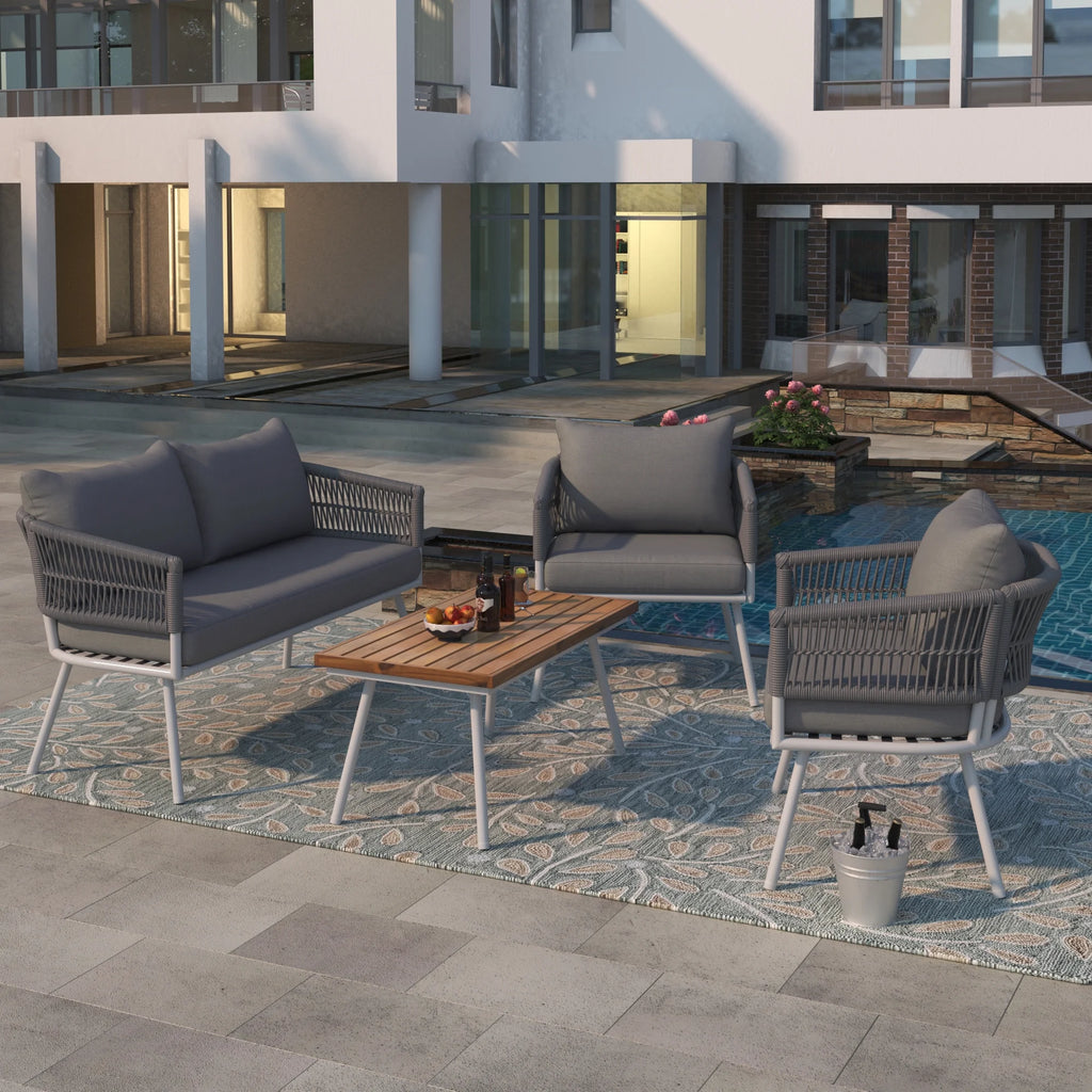 4-Piece Grey Outdoor Patio Furniture Set with Acacia Wood Coffee Table D474