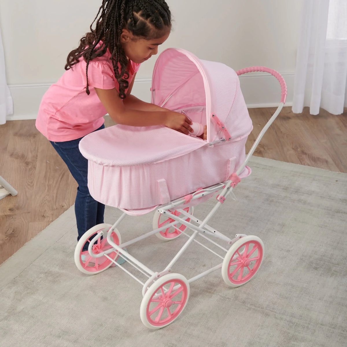 Pink Gingham Doll Pram Carrier Stroller O3535
