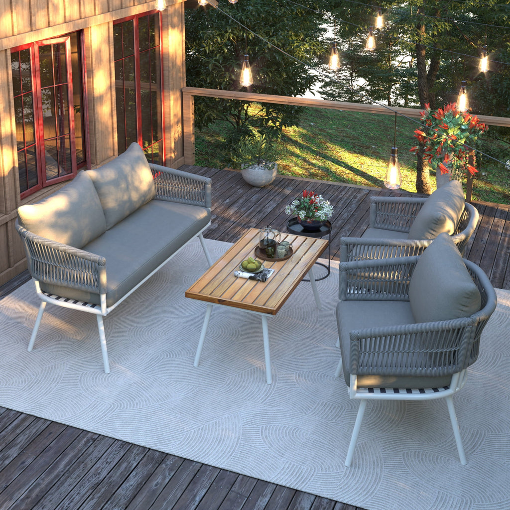 4-Piece Grey Outdoor Patio Furniture Set with Acacia Wood Coffee Table D474