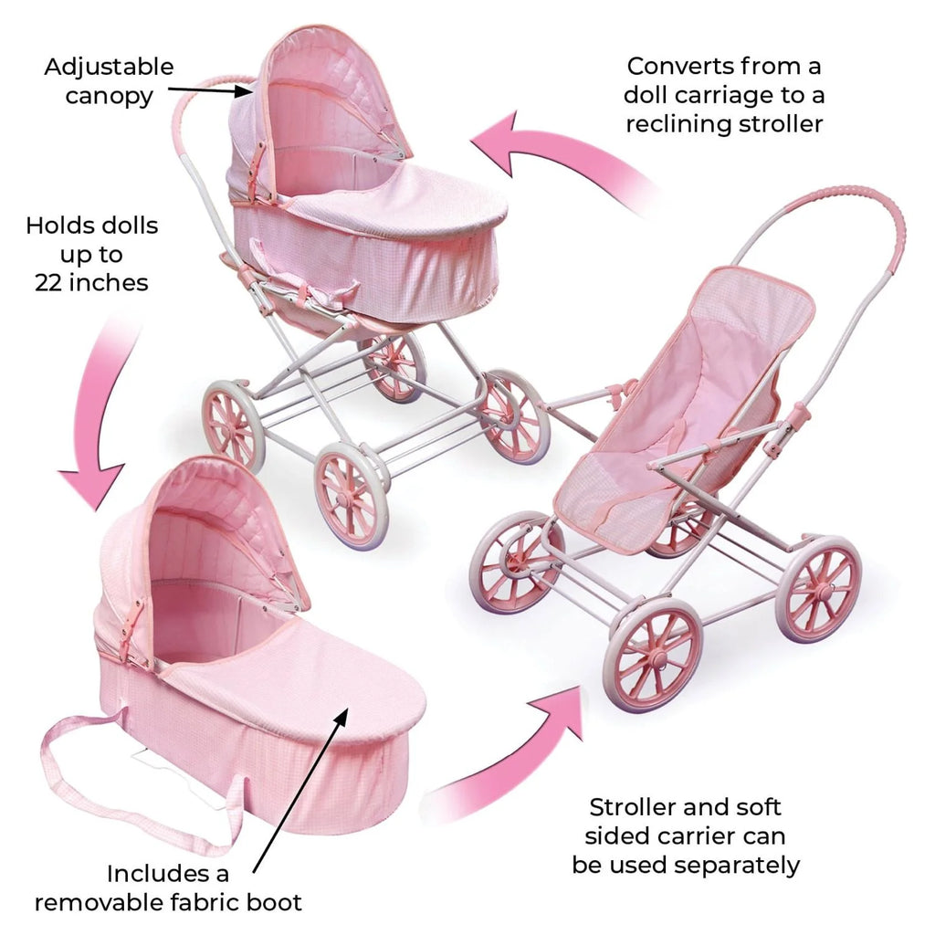 Pink Gingham Doll Pram Carrier Stroller O3535
