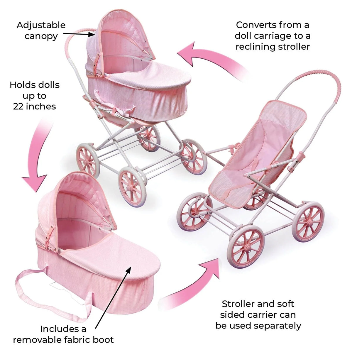 Pink Gingham Doll Pram Carrier Stroller O3535