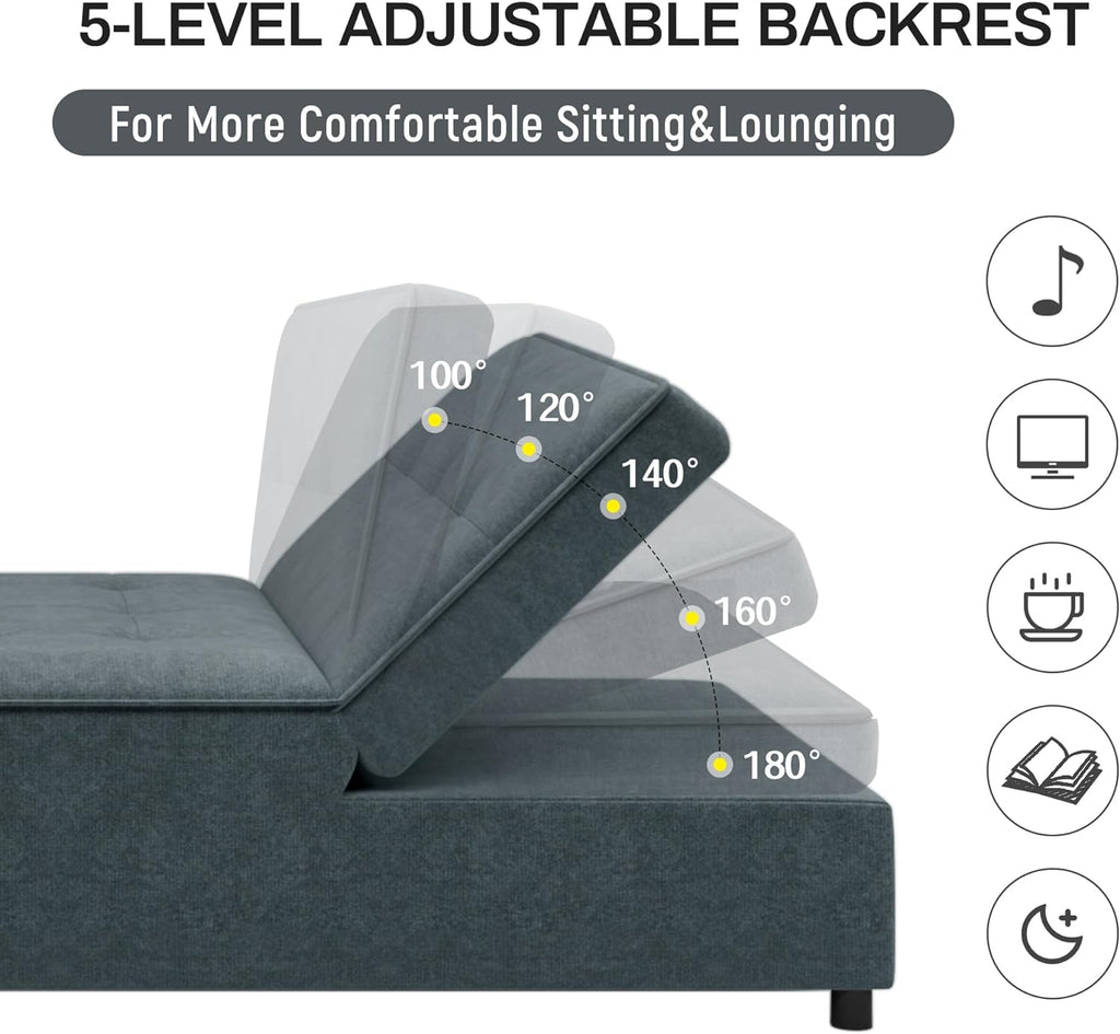 Convertible Sofa Bed with Storage Pocket, USB Ports, Foldable Ottoman Single Sleeper Sofa Chair, Deep Blue B7797