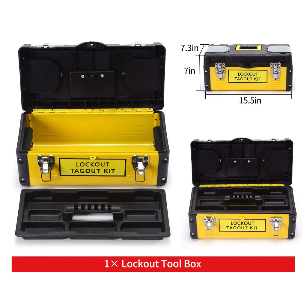 Lockout Tagout Kit with Padlocks, Hasp, Breaker Lockout, Ball Valve Lockout, Steel Cable Lockout, Plug, Tags S3668