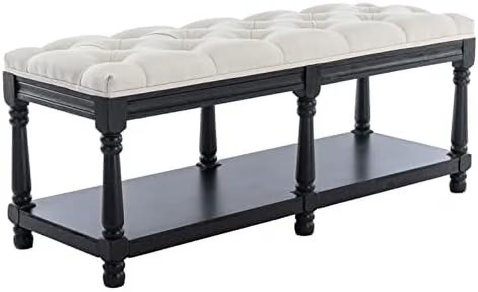Grey Linen Tufted Bench with Shelf K13754